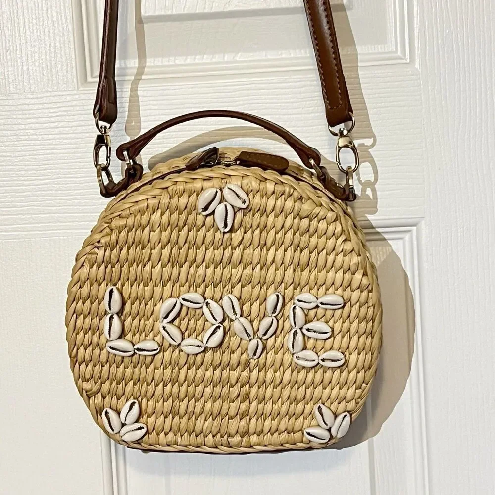 POOLSIDE x Dannijo Ariana “LOVE” Shell Rattan Circular Basket Handbag Purse
